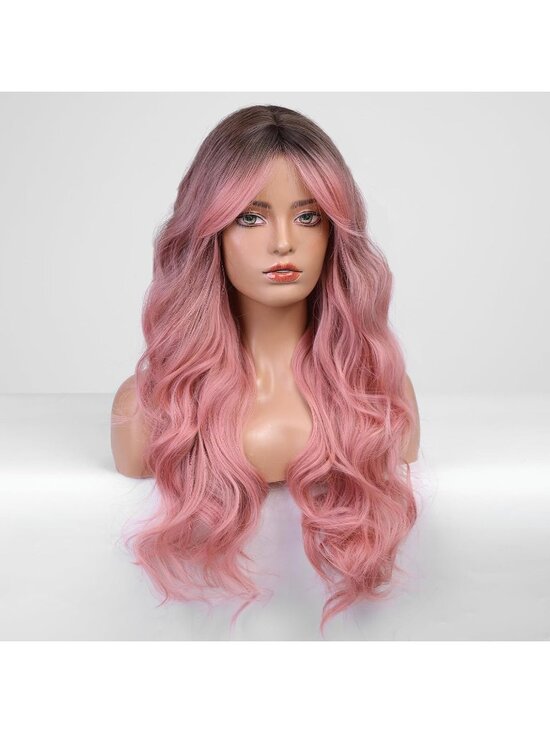 Women\'s Ombre Pink Heat Resistant Long Curly Wavy Synthetic Wig Bang Size 26In main image 3